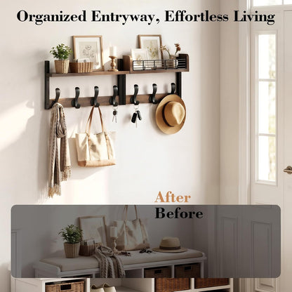 Delamu 29" Large Coat Rack Wall Mount with Shelf, 4 in 1 Shelf with 11 Hooks, Wooden Key and Mail Holder for Wall for Entryway, Living Room and Bedroom, Brown