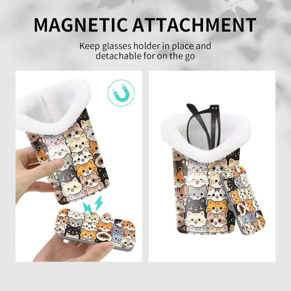 Plush Lined Eyeglasses Holder, Cute Magnetic PU Leather Glasses Stand Case for Women Men Kids