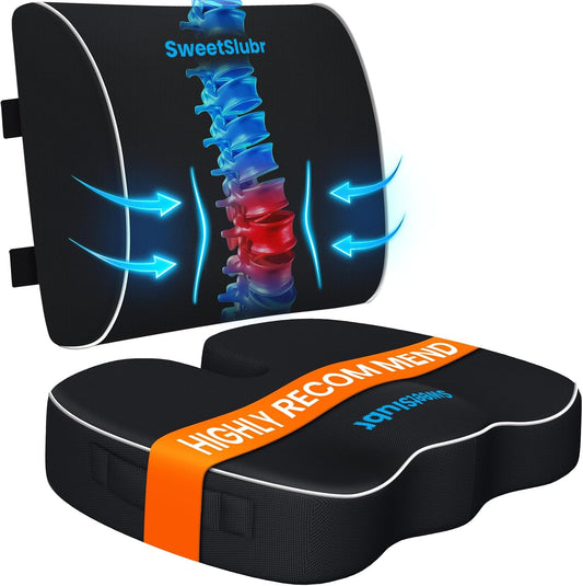 SweetSlubr Memory Foam Seat Cushion & Lumbar Support Pillow Set Black Large | U-shaped Cushion Design, Washable Mesh Cover, Adjustable Straps, Non-slip Base, Office Chair and Car Seat Use