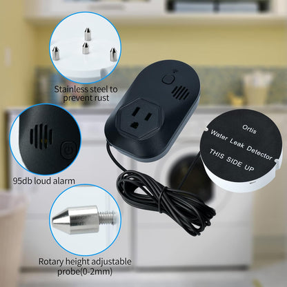 Ortis Water Alarm Leak Detector, 95 dB Loud Alarm, Automatic Shutoff Controller, Upgraded Stainless Steel Sensor Probe, Adjustable 0–2mm Probe Height, Water Damage Protection for Home Appliances