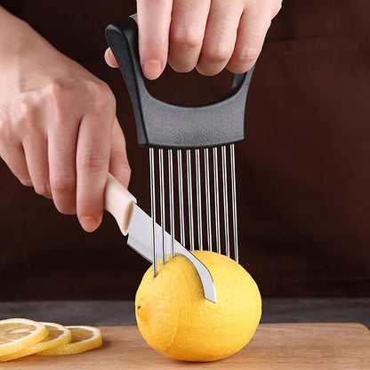 2Pcs Stainless Steel Onion Slicer Holder with Finger Guards, Multi-Purpose Fruit Vegetable Cutting Kitchen Tool