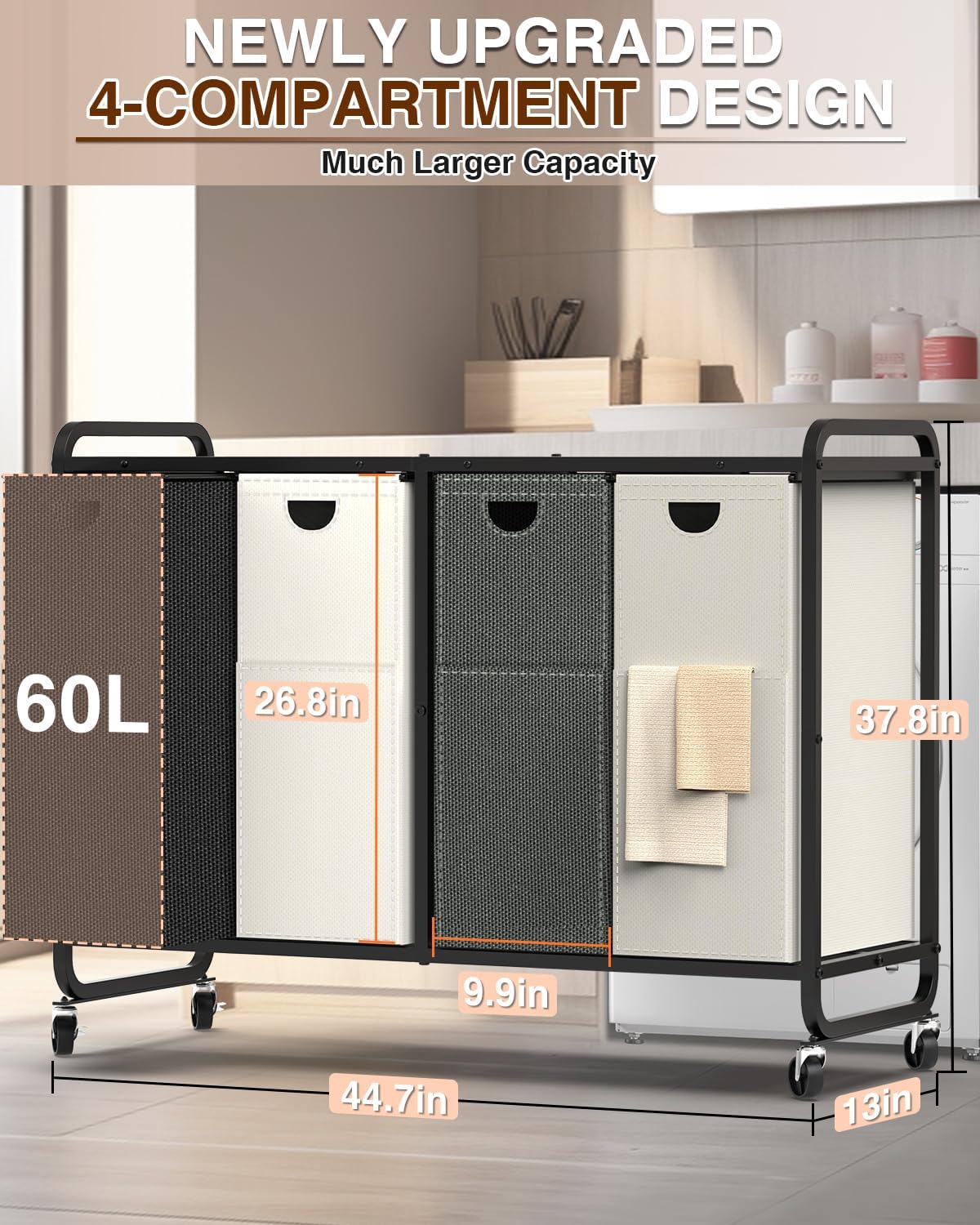 Laundry Sorter 3 Section,Laundry Basket with Wheels,3×15.8 Gal (60L) | Laundry Room Organization with Wooden Desktop Shelf,Pull-Out and Removable 900D Oxford Fabric Laundry Bags for Laundry Room