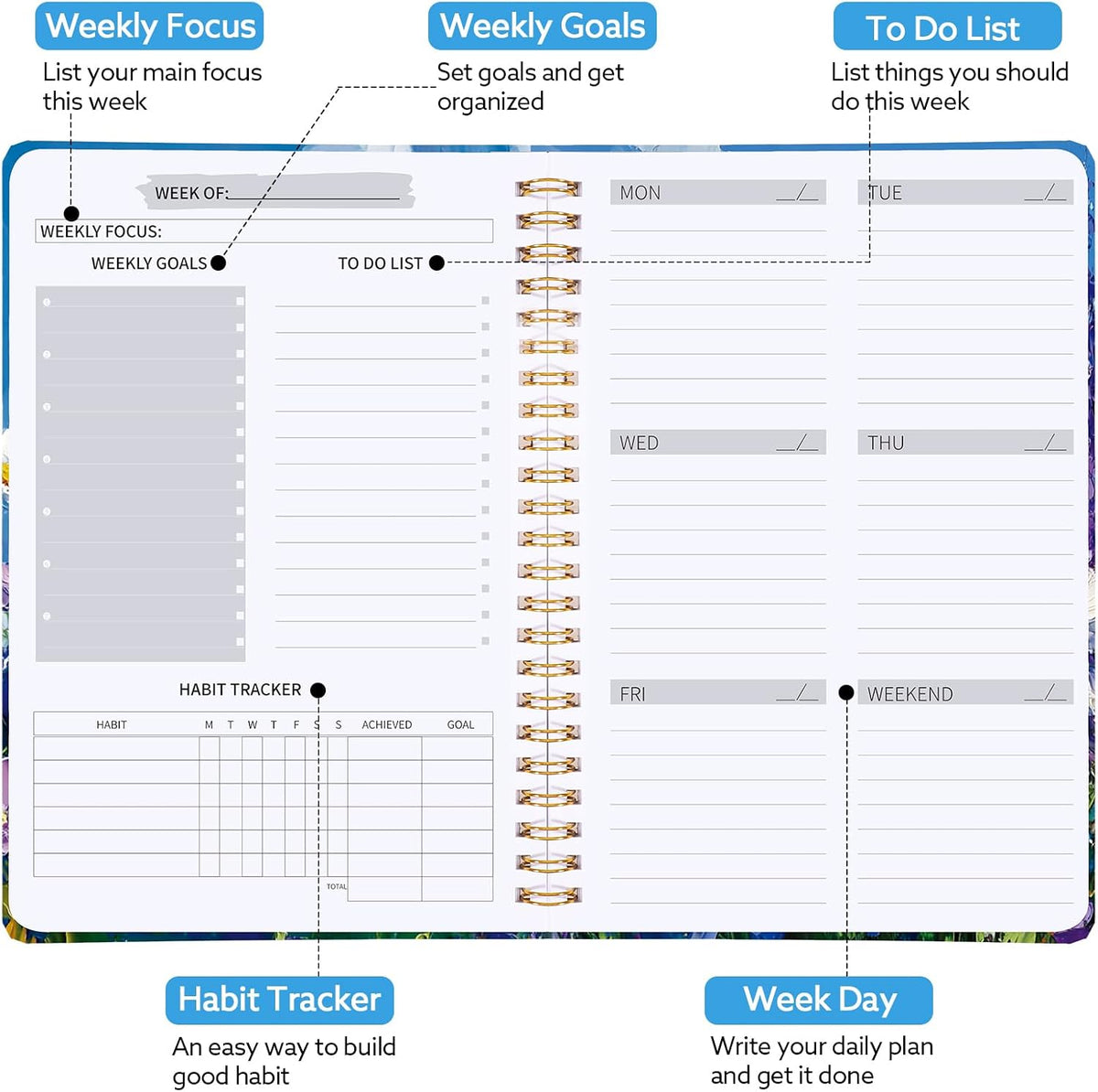 Thboxes A5 Weekly Planner Notebook, 52 Week Undated Journal for Women, Pink