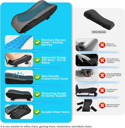 THARAHT 2pcs Ergonomic Blue Mesh Gel Memory Foam Armrest Support Pillow Anti Slip Adjustable Office Chair Games Home Wheelchairs