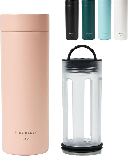 Firebelly Tea, Travel Tea Infuser Mug with Strainer, Insulated Tumbler for Loose Leaf Tea or Coffee, Leakproof Bottle for Hot or Iced Drinks, Stainless Steel Thermos with Lid, Salmon
