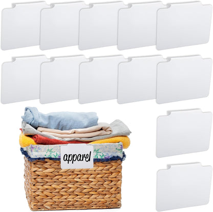 Tyqour 12 Pcs White Basket Labels, 3.5 X 2.7 in Basket Labels Clip On, Removable Erasable Reusable for Storage Bins Organizing Box Kitchen Linen Closet