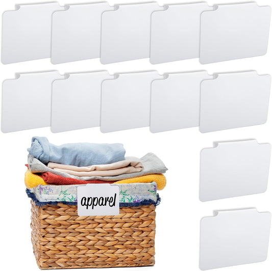 Tyqour 12 Pcs White Basket Labels, 3.5 X 2.7 in Basket Labels Clip On, Removable Erasable Reusable for Storage Bins Organizing Box Kitchen Linen Closet