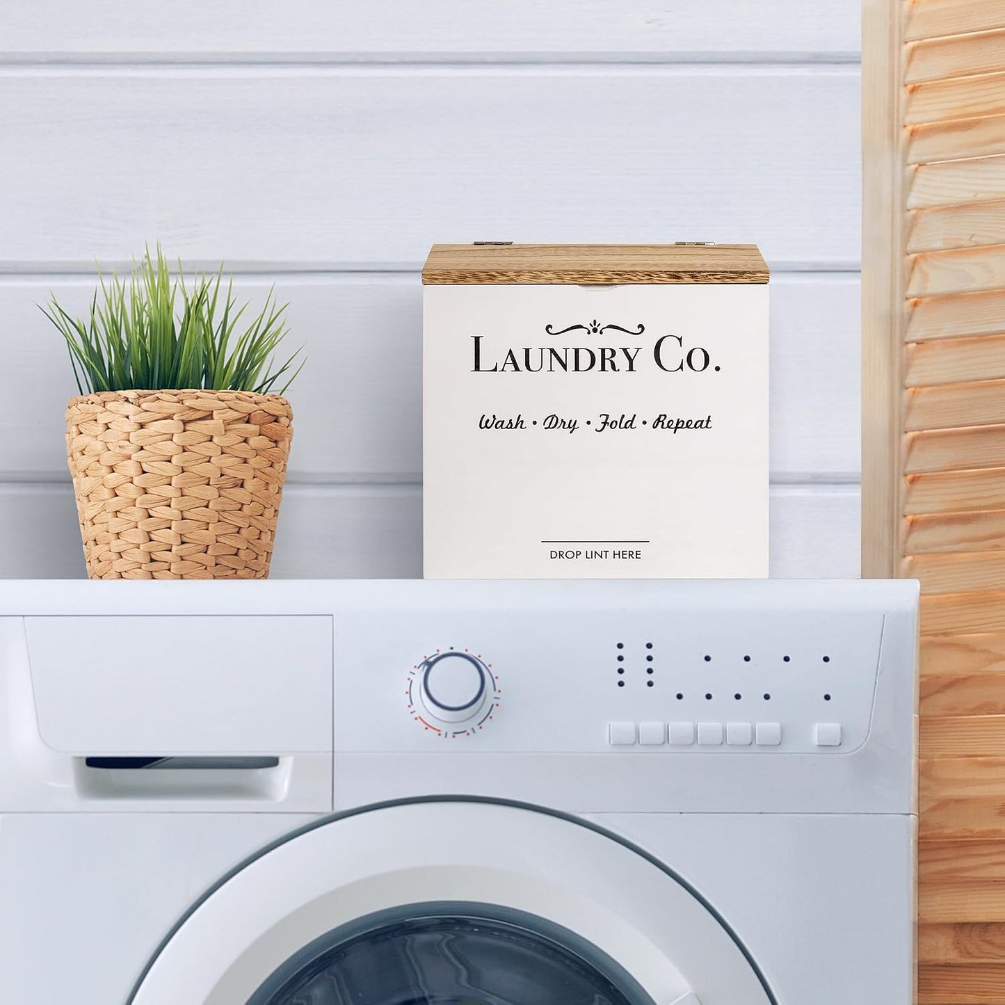 Magnetic Lint Bin for Laundry Room | Dryer Lint Bin with Lid, Wooden Lint Holder, Rustic Lint Box, Modern Farmhouse Laundry Room Decor, White