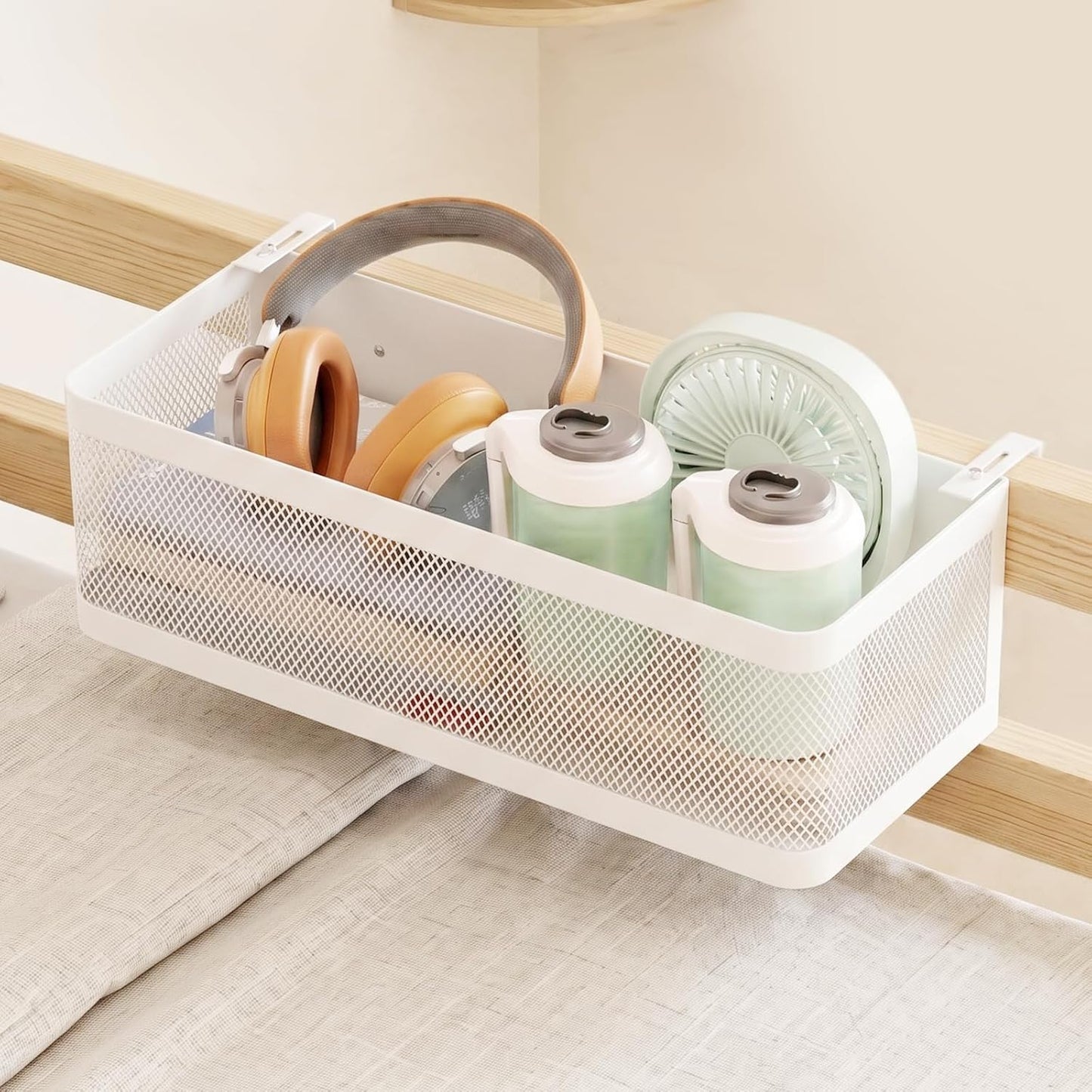 Hanging Metal Bedside Caddy, Adjustable Shelf for Bunk & Dorm (Large) | Sturdy metal mesh basket holds 33 lbs, Adjustable hooks fit 0.7"-2" frames,Ideal space-saver for dorm, bunk & bedside