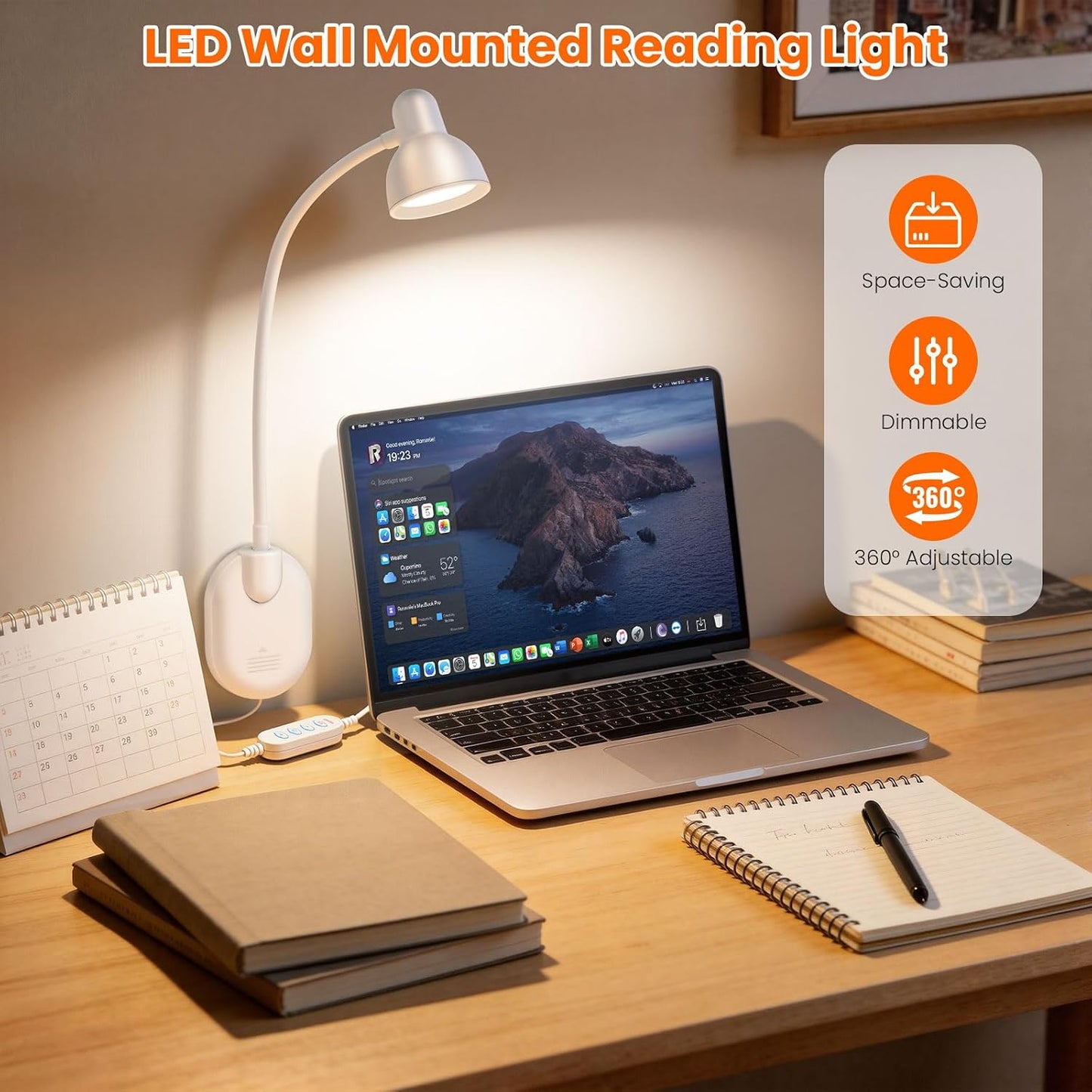 Wall Mounted Reading Light, LED Wall Bedside Lamp with Adapter, 5 Color & 10 Brightness, Plug-in Adhesive Wall Reading Lights for Books in Bed, Auto-Off Timer Wall Lights for Bedroom Headboard Black