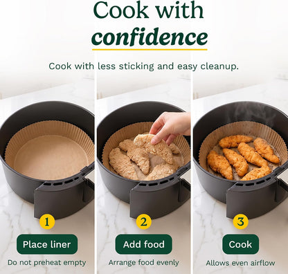 Cuisinart Air Fryer Liners Disposable, 150 Pack, 7.75" Square | Food-grade unbleached silicone-coated parchment for air fryer basket, non-stick to 428F, traps grease, oven & microwave safe