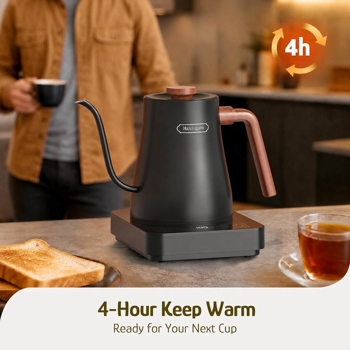 Hazel Quinn Gooseneck Electric Kettle 0.8 L, Temp Control, Keep Warm, Black | 304 stainless steel, 0.8L, 1000W fast boil, precise temp control, 4-hour keep warm; ideal for coffee, tea and home baristas