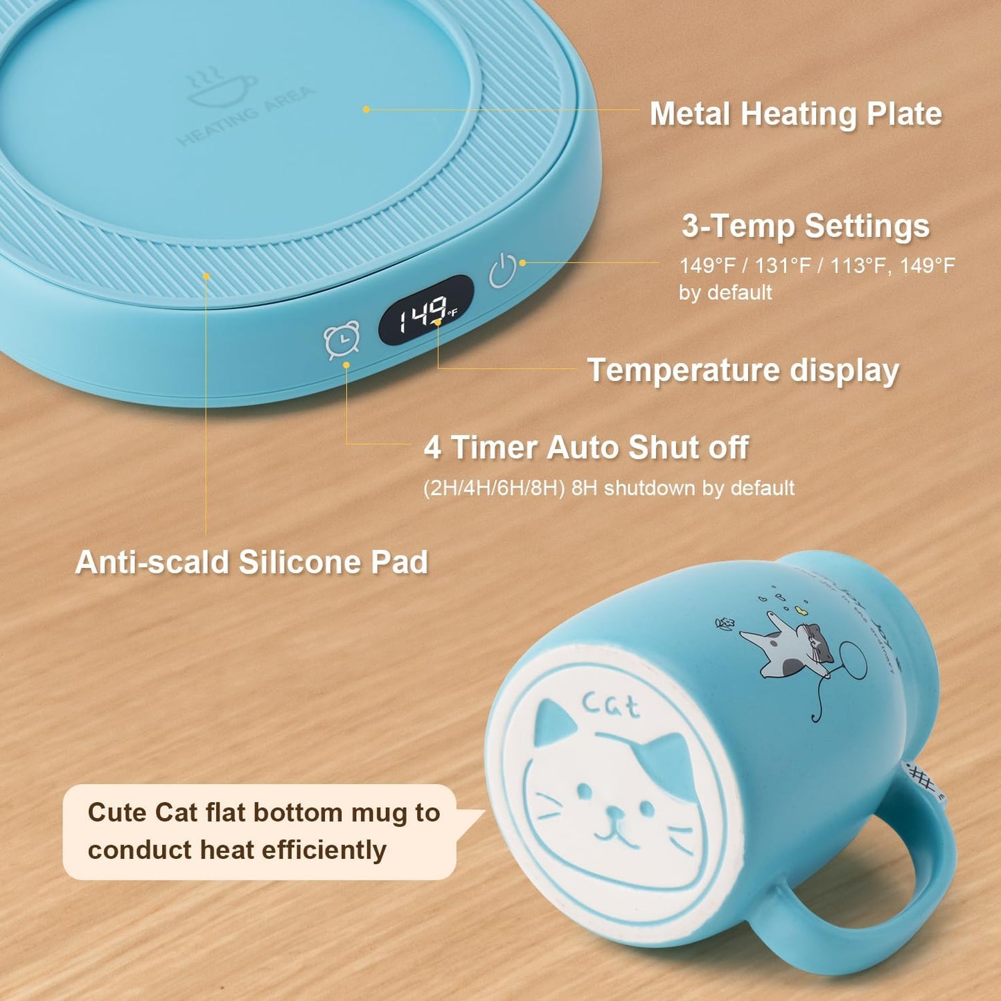 Cat Mug Coffee Mug Warmer Set for Desk Electric Heated Tea Cup Candle Plate | Cute Cat Cup Warmer Set, Self Heating Tea Warmer for Office Home, 8Hrs Auto Shut Off 4 Temperature Setting, Christmas Gift