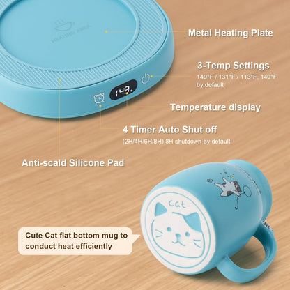 Cat Mug Coffee Mug Warmer Set for Desk Electric Heated Tea Cup Candle Plate | Cute Cat Cup Warmer Set, Self Heating Tea Warmer for Office Home, 8Hrs Auto Shut Off 4 Temperature Setting, Christmas Gift