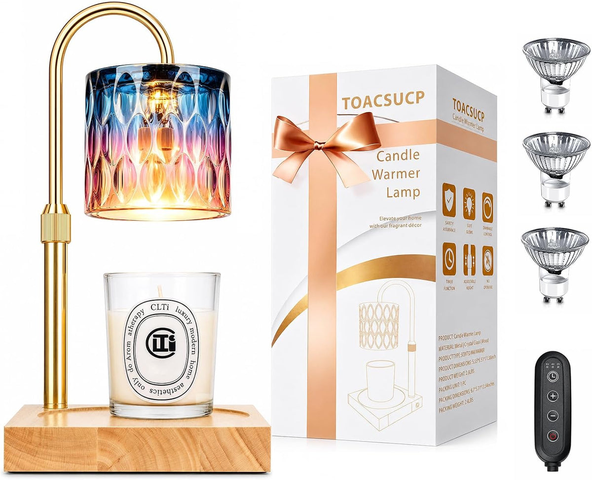 Candle Warmer Lamp with 3 Bulbs, Adjustable Height Dimmable Candle Warmer with Timer, Candle Lamp with Charming Gift Box Ribbon,Birthday Gifts for Women Mom, House Warming Gifts New Home Decor