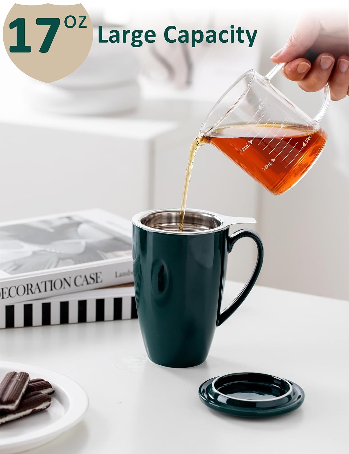 SISETOP 17 OZ Large Tea Cup with Infuser and Lid, Ceramic Tea Infuser Cup with Spoon for Loose Leaf, Microwave & Dishwasher Safe, Green