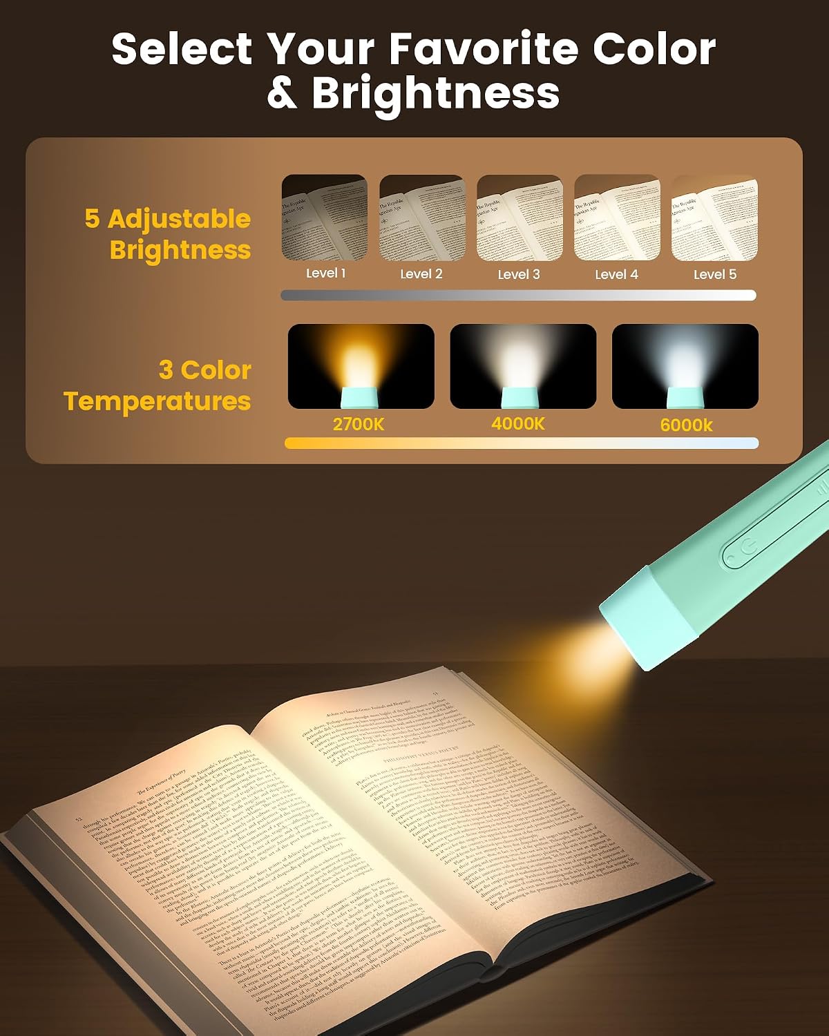 Glocusent Neck Light with Timer, 100 Hours Book Light for Bedtime Reading | Neck Reading Light, 3-Color, 5 Brightness, Bendable, Ergonomic, 1600mAh, Rechargeable, Eye Care, Sleep Aid, Travel Lock, Gift