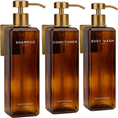 Luxury Shampoo and Conditioner Dispenser Set Wall Mounted by Brighter Barns - Refillable Shower Dispenser with Stainless Steel Pumps - Shampoo Bottles 3 Chamber No Drill for Airbnb, Spa, Hotel (White)