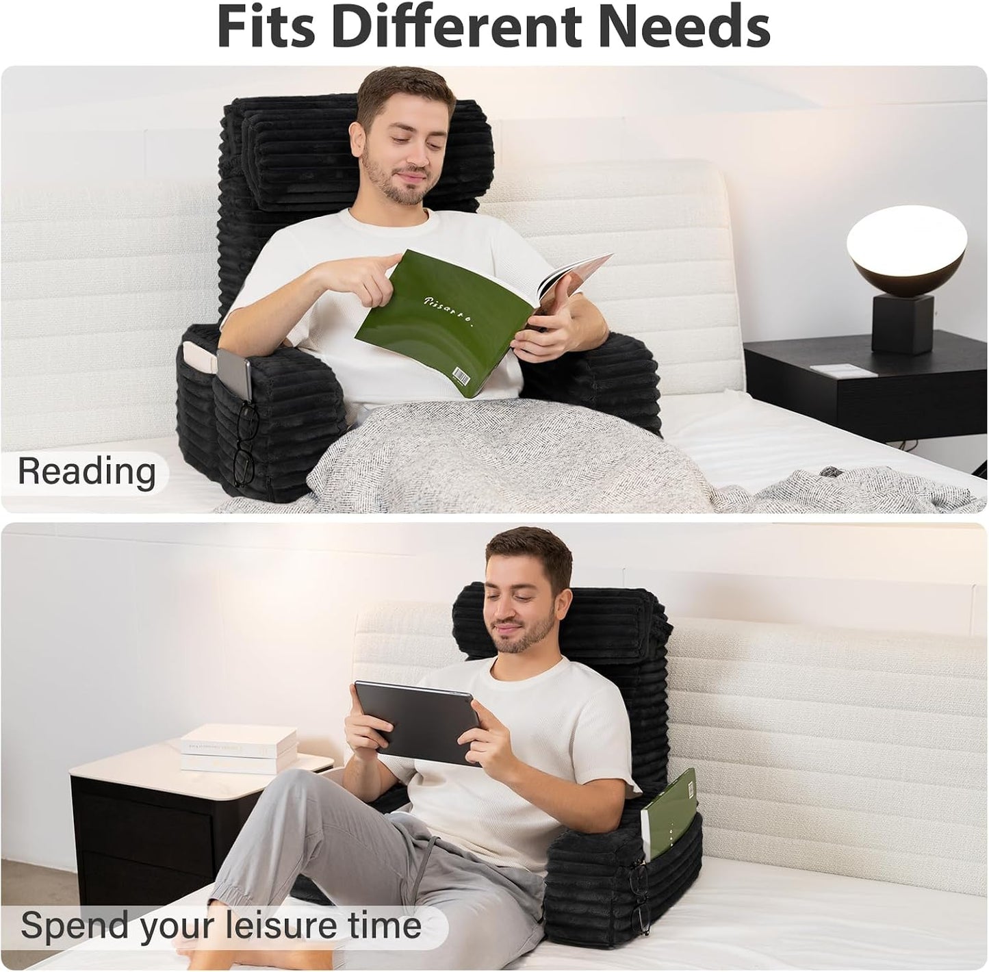 ENITYA 22" XL Back Pillow for Bed Sitting Up with Armrests & Big Pockets | Reading Pillow for Bed, Soft Back Support Chair, Ideal for Watching TV, Gaming, Nursing, Resting, Post Surgery, Dark Grey