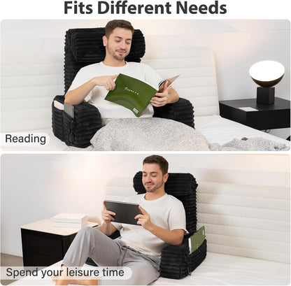 ENITYA 22" XL Back Pillow for Bed Sitting Up with Armrests & Big Pockets | Reading Pillow for Bed, Soft Back Support Chair, Ideal for Watching TV, Gaming, Nursing, Resting, Post Surgery, Dark Grey