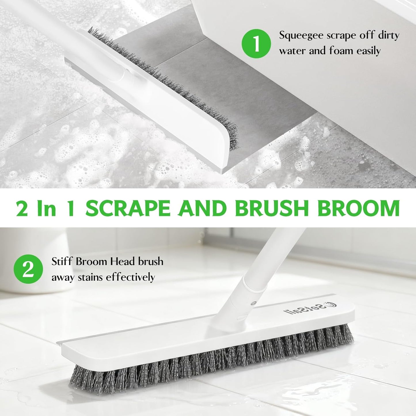 SetSail Floor Scrub Brush with 51-Inch Long Adjustable Handle 2 in 1 Scrape Brush Stiff Bristle Floor Scrubber for Cleaning Shower Bathroom Garage Kitchen Wall Deck Tub Tile | 2 in 1 Scrape Brush Stiff Bristle Floor Scrubber for Cleaning Shower Bathroom