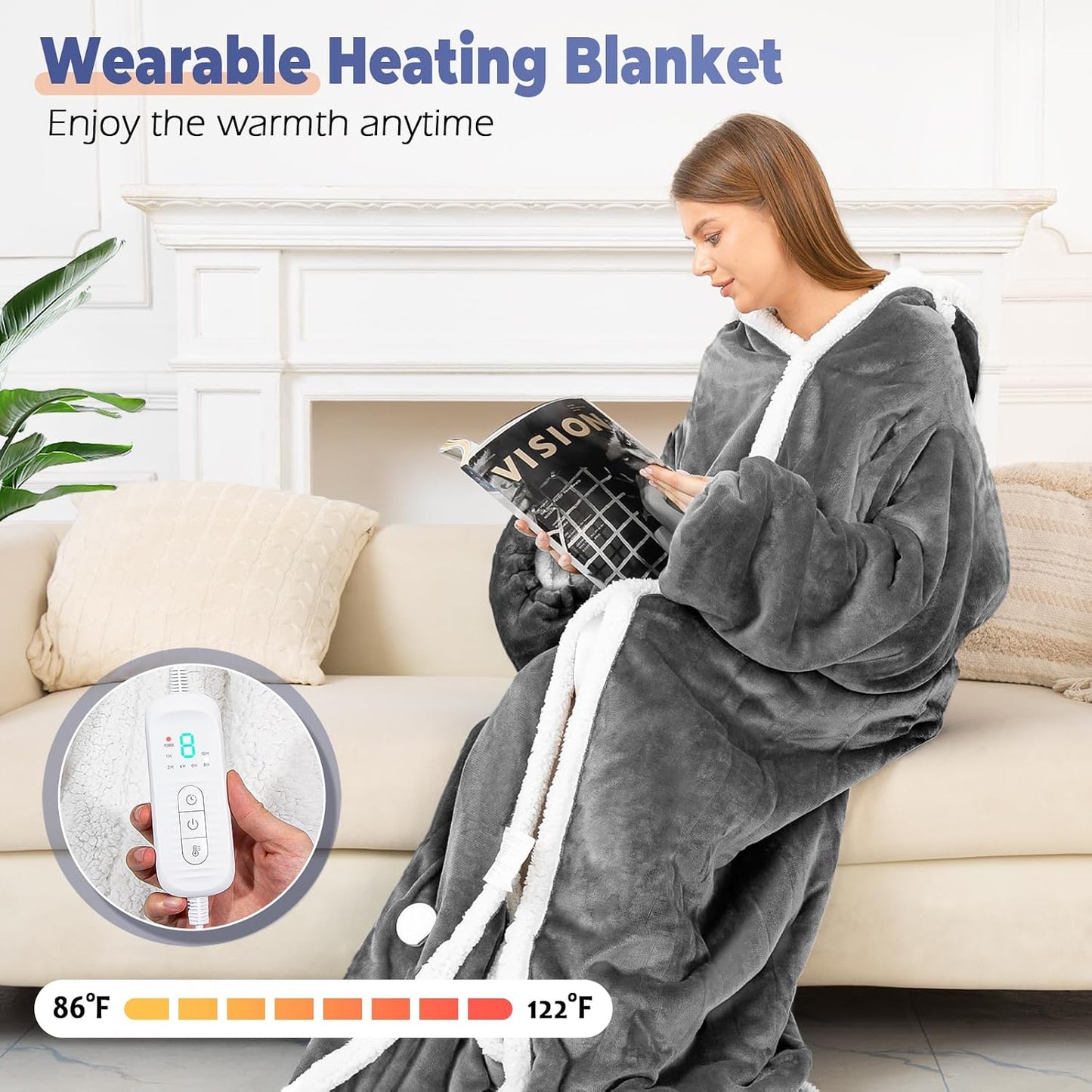 Wearable Heated Blanket with Foot Pocket, Electric Wearable Throw Blanket with Sleeves, Hood, Portable Heated Blanket with 8 Heat Settings, 1-10 Hours Auto Shut-off, Gift for Family, Friends, 50*70"
