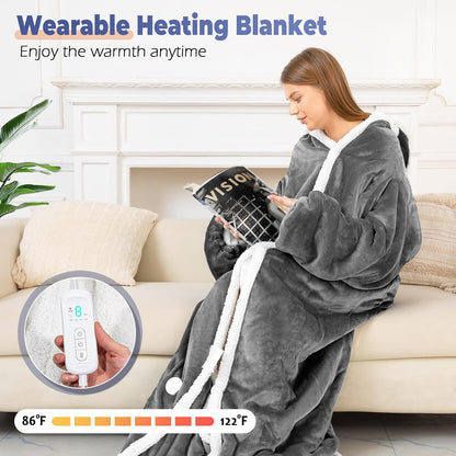 Wearable Heated Blanket with Foot Pocket, Electric Wearable Throw Blanket with Sleeves, Hood, Portable Heated Blanket with 8 Heat Settings, 1-10 Hours Auto Shut-off, Gift for Family, Friends, 50*70"