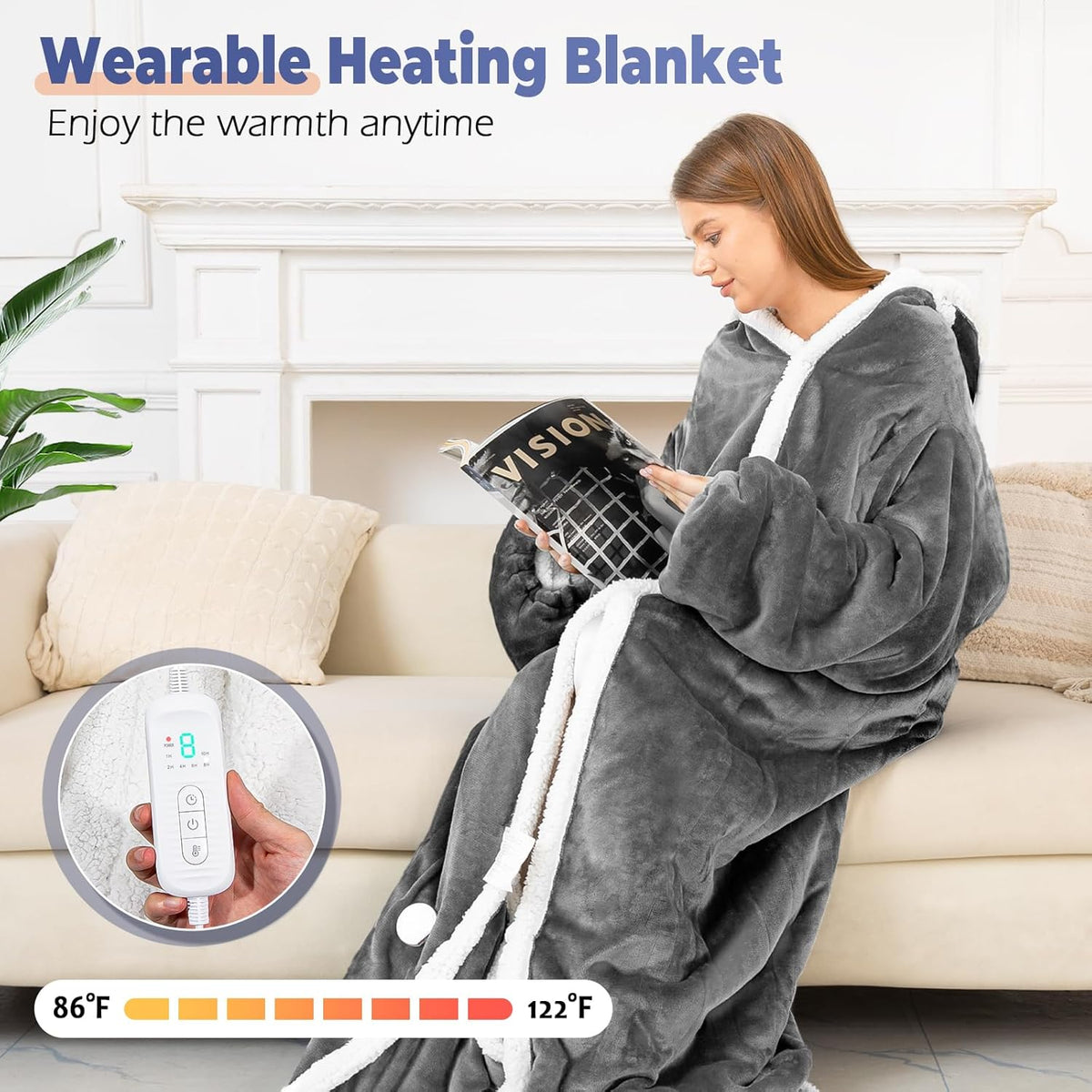 Wearable Heated Blanket with Foot Pocket, Electric Wearable Throw Blanket with Sleeves, Hood, Portable Heated Blanket with 8 Heat Settings, 1-10 Hours Auto Shut-off, Gift for Family, Friends, 50*70"