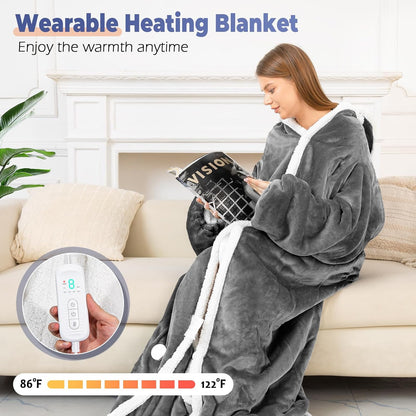 Wearable Heated Blanket with Foot Pocket, Electric Wearable Throw Blanket with Sleeves, Hood, Portable Heated Blanket with 8 Heat Settings, 1-10 Hours Auto Shut-off, Gift for Family, Friends, 50*70"
