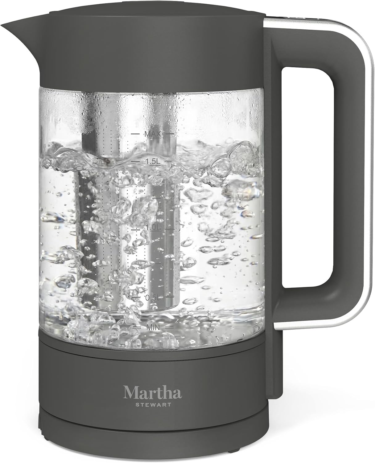 Martha Stewart 1.7L Glass Carafe Electric Kettle with Removable Tea Infuser | 7 Cups, 4 Presets, Rapid Boiling, Stainless Steel Tea Leaf Infuser, Cordless Swivel Base, Keep Warm, Auto Shut-Off, Linen