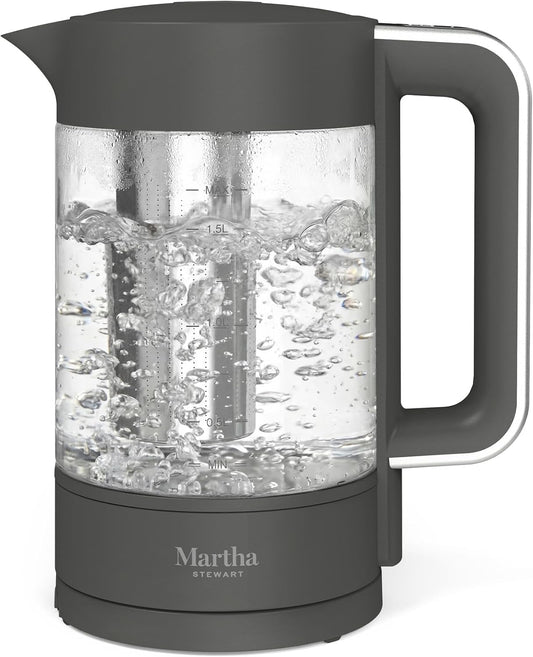 Martha Stewart 1.7L Glass Carafe Electric Kettle with Removable Tea Infuser | 7 Cups, 4 Presets, Rapid Boiling, Stainless Steel Tea Leaf Infuser, Cordless Swivel Base, Keep Warm, Auto Shut-Off, Linen