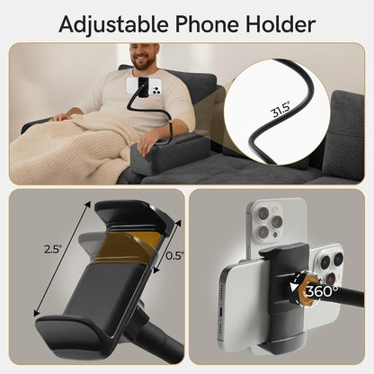 Couch Caddy with Cup Holder, 20.3 Inch White Armrest Console | Removable Sofa Armrest Organizer with Charging and Phone Holder, Storage for Remotes, Snacks and Everyday Essentials