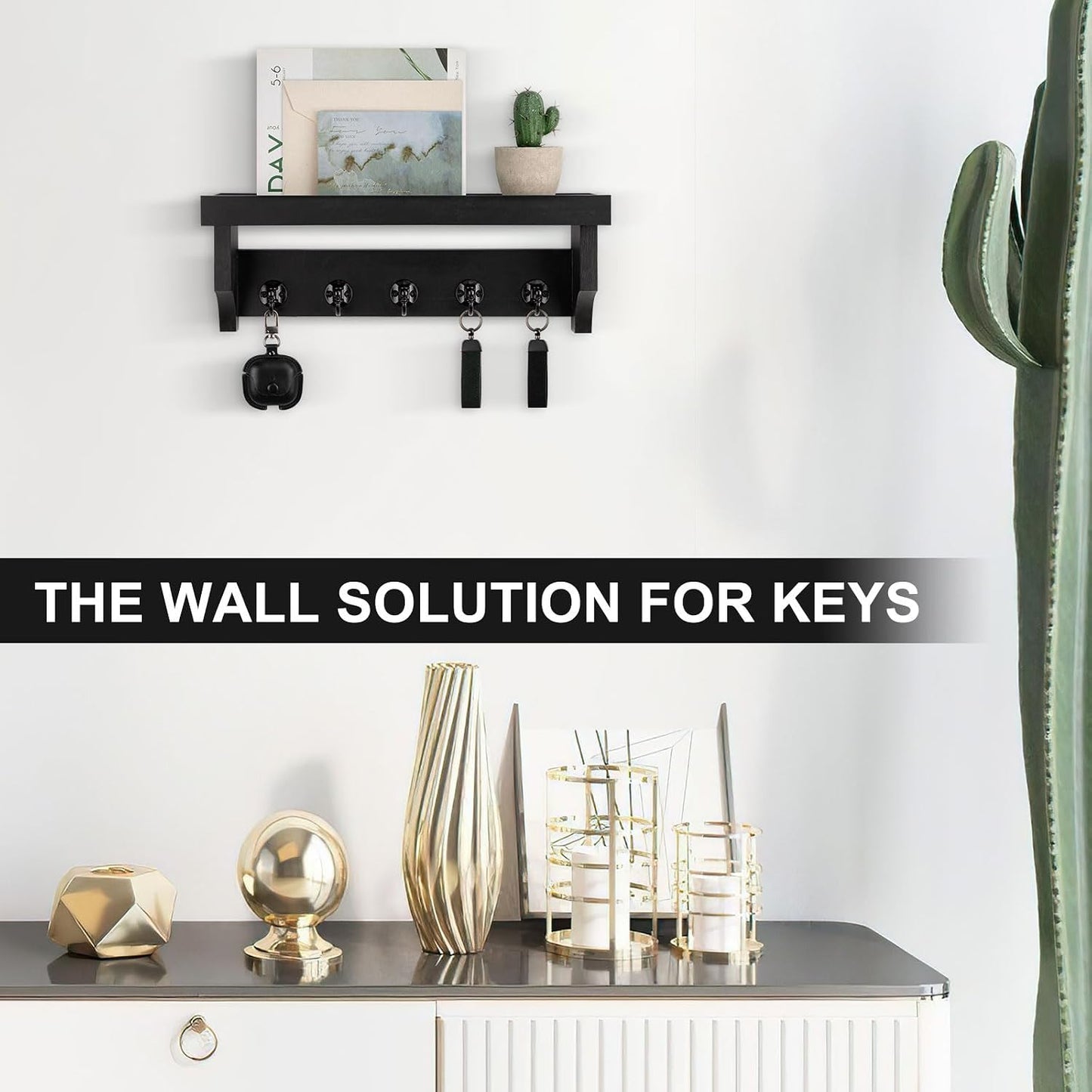 Key and Mail Holder Wall Mount, Mail Organizer with 5 Key Hooks | Key Holder with Shelf, Key Holder for Coat, Dog Leash, Home Decor Rack, Entry Way Organizer