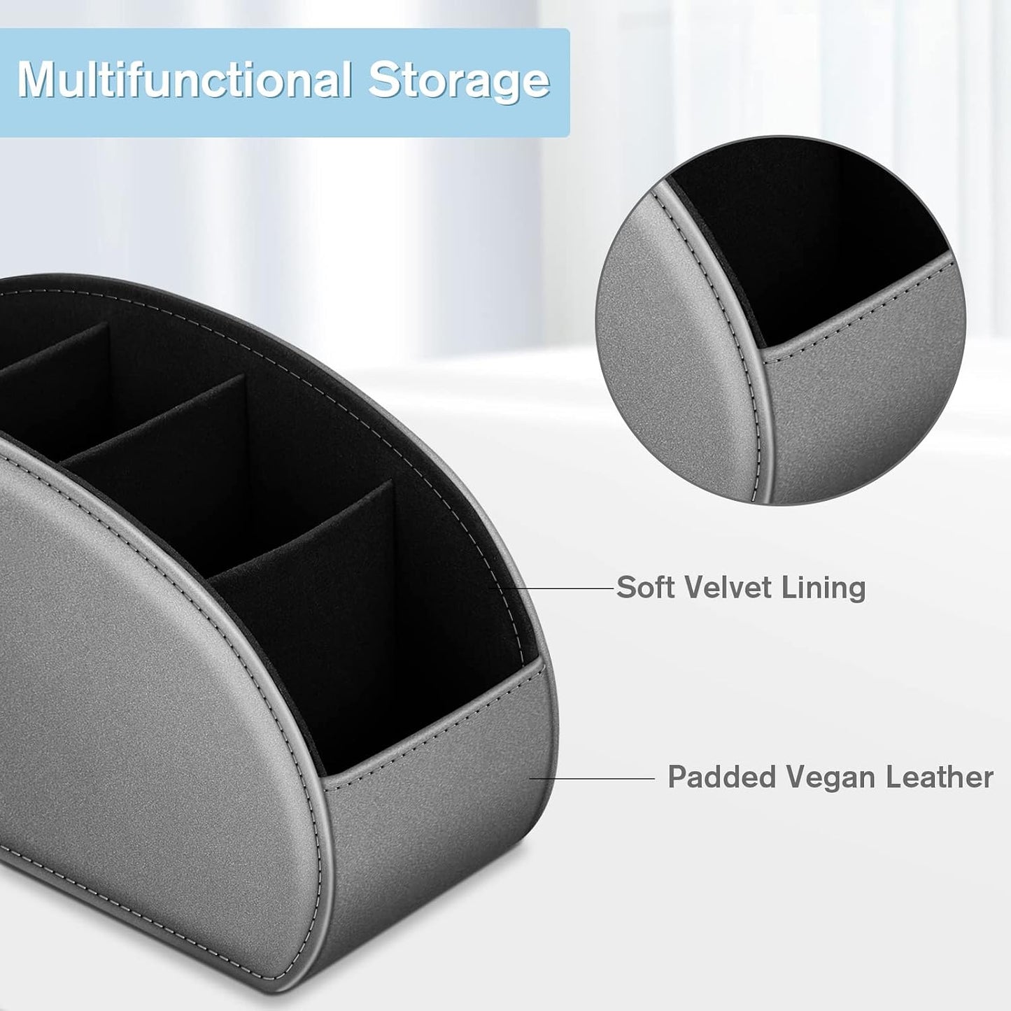 FINTIE Remote Control Holder with 6 Compartments Vegan Leather | TV Remoter Caddy Desktop Makeup Brush Holder Storage, Fits TV Remotes, Media Controllers, Office Supplies, Black