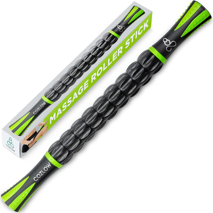 Muscle Roller Stick - Black Green - Hand Held Body Massager with 9 Rollers & Non-Slip Handles - Deep Tissue Massage & Maximum Muscle Recovery - Leg, Back, Arm, Thigh, Butt Sculpting Tool - by Cozlow