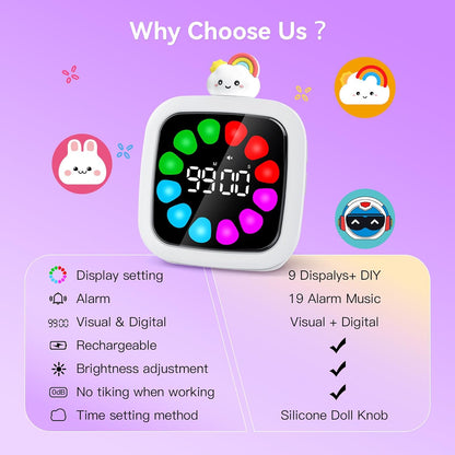 Yunbaoit Digital Visual Timer for Kids, 99-Minute Countdown, Rechargeable | 19 Music Alarm, Pause Function, 9 Optional DIY Color Planet Display, Robot Doll, for Study, Homeschool, Kitchen