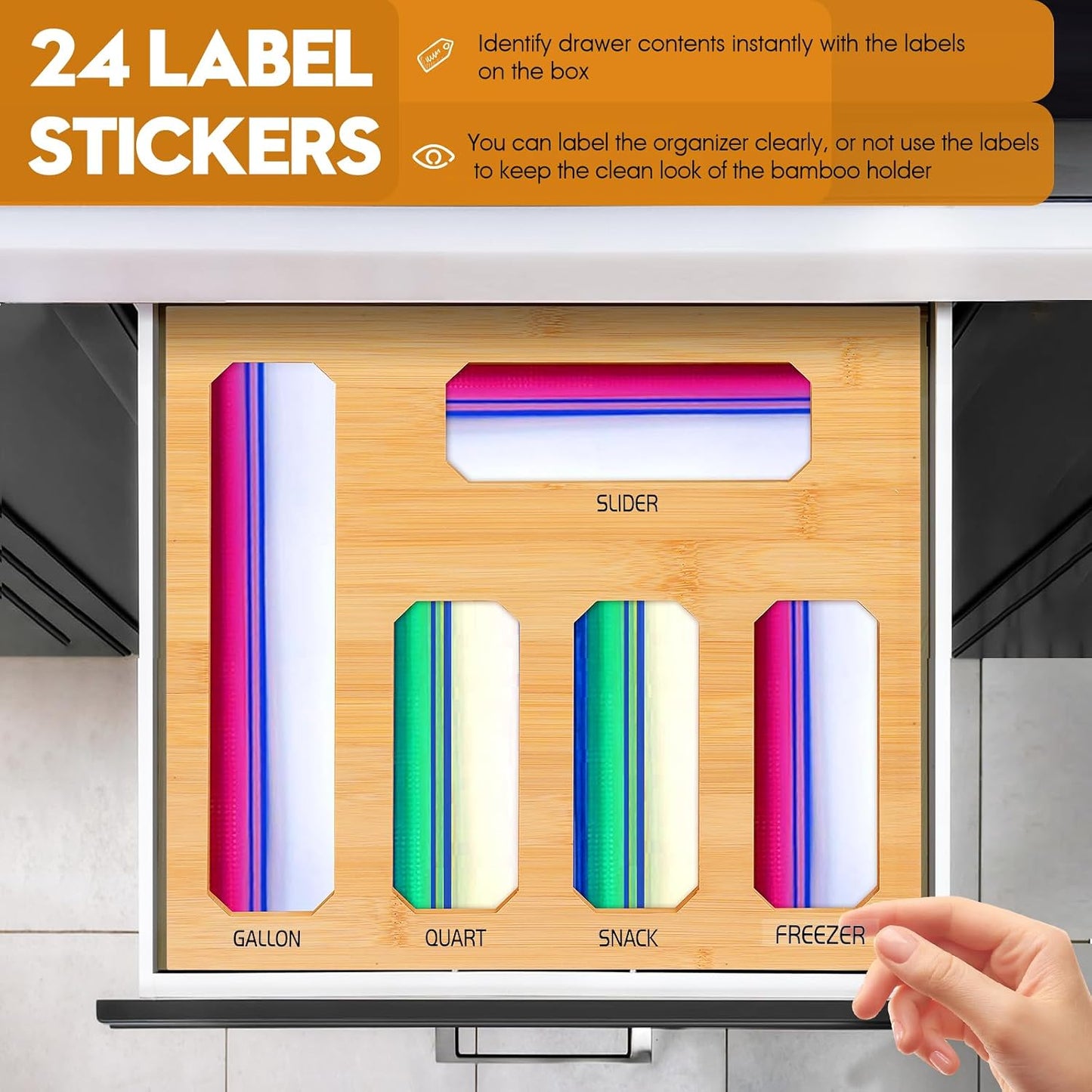 9 in 1 Foil and Plastic Wrap Dispenser with Cutter, Black Bamboo Ziplock Bag Organizer for Drawer - Holds Gallon, Quart Bags & Aluminum Foil/Wax Paper, Wall Mountable Kitchen Storage