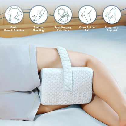 KingPavonini Leg Pillow for Side Sleeping, White & Green | Cooling Gel Memory Foam Knee Pillow for Side Sleepers, Ice Silk Cover & Adjustable Strap, Relieves Hip, Sciatica & Back Pain