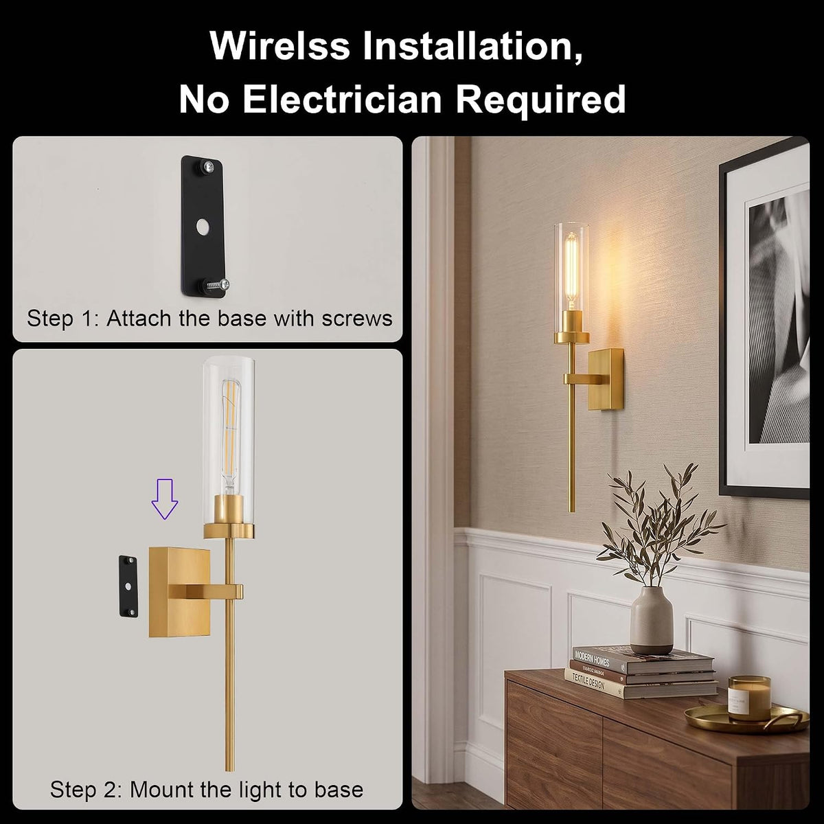 Wireless Wall Sconces with Remote Control, Battery Operated Wall Sconce Set of 2, Black & Gold Rechargeable Dimmable Wall Light for Bedroom Living room Bathroom Hallway Entryway Stairwell, 3000K