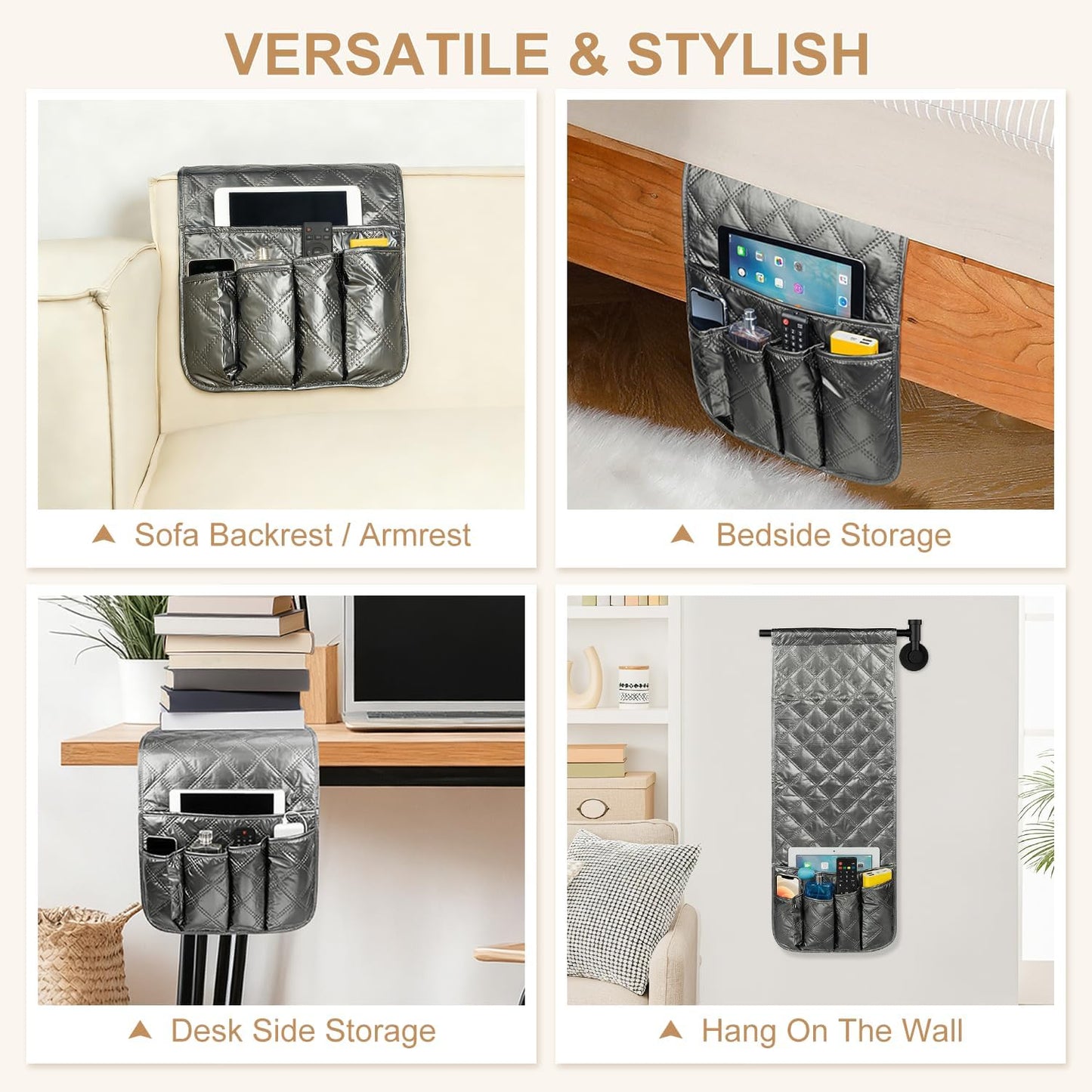 Remote Control Holder for Armchair, Couch Recliner Chair Caddy, Non-Slip Arm Chair Caddy for Recliner with 5 Pockets for Table, Ipad, Magazines, Arm Chair Bedside Caddy Storage Organizer (Grey)