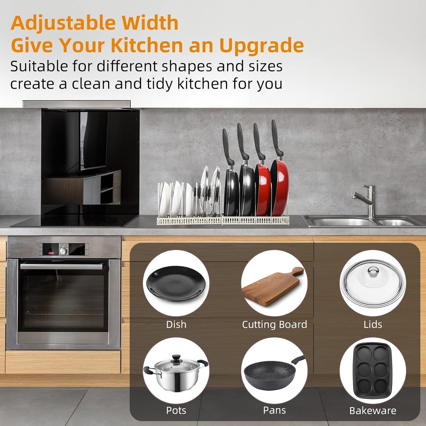 ROOHUA Pot and Pan Lid Organizer Rack for Under Cabinet, 12"-23" Expandable | 10 Adjustable Dividers, Holds Pan Lids, Cookware & Bakeware, Creates Tidy Cabinet Storage, Durable Metal, Bronze