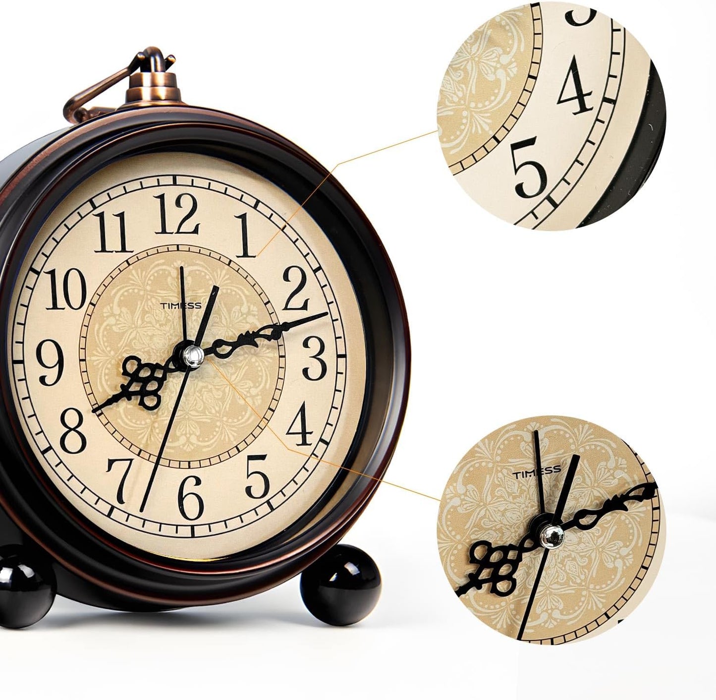 TIMESS Vintage Analog Alarm Clock, 4.3" Silent Non-Ticking Quartz Desk Clock with Roman Numerals, Battery Operated Table Clock for Bedroom, Living Room, Office, or Gift (White)