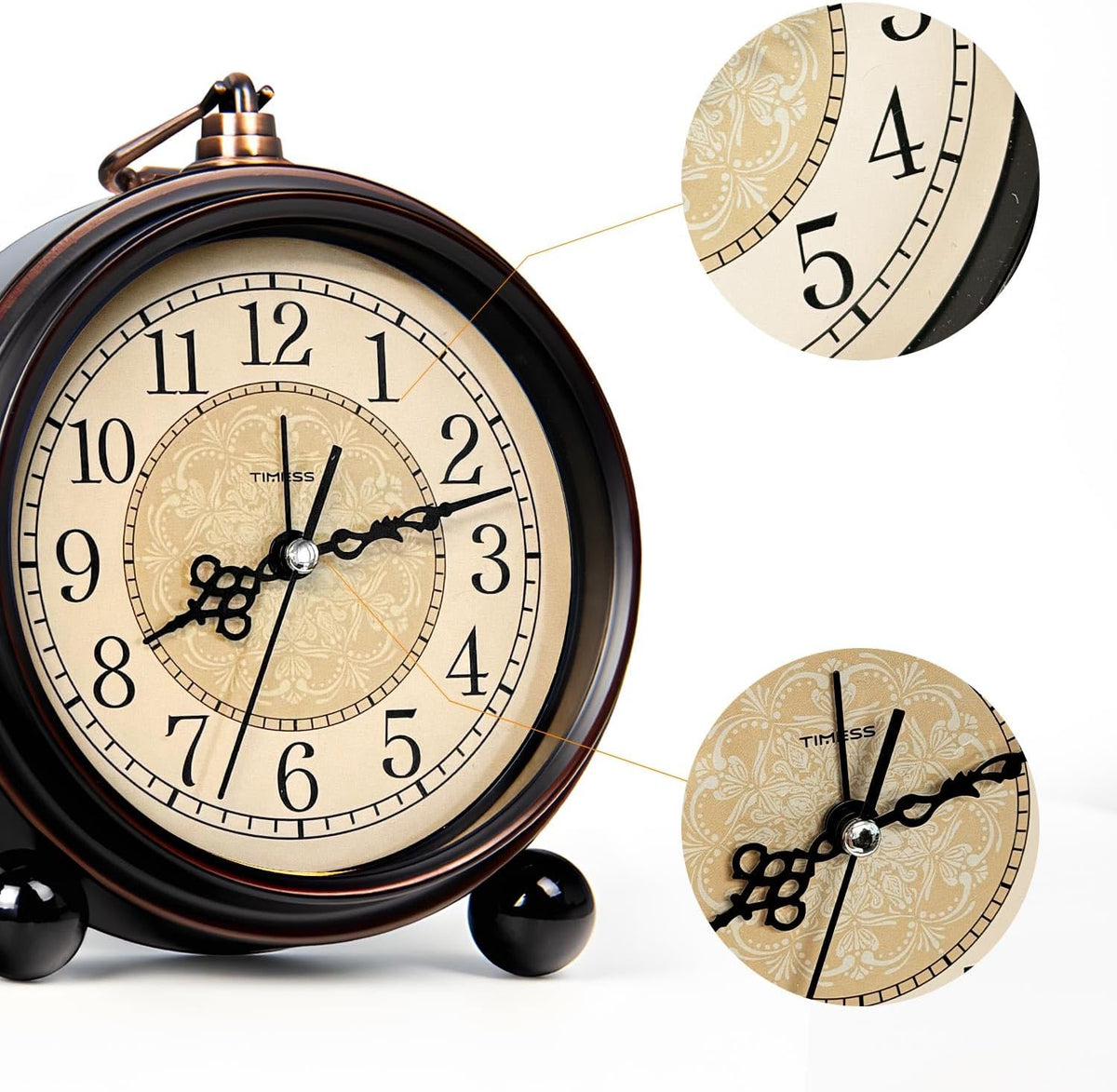 TIMESS 4.3-Inch Vintage Analog Alarm Clock, Silent Non-Ticking, Brown