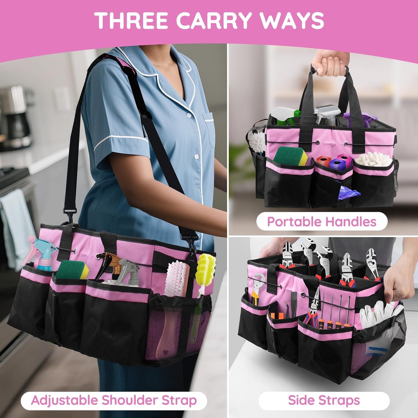 ZKOO Large Cleaning Caddy Bag with Handle, Built-in Sturdy Support Board, Adjustable Shoulder Strap, Multi-compartment Design Cleaning Supply Tote for Cleaners & Housekeepers (Pink)