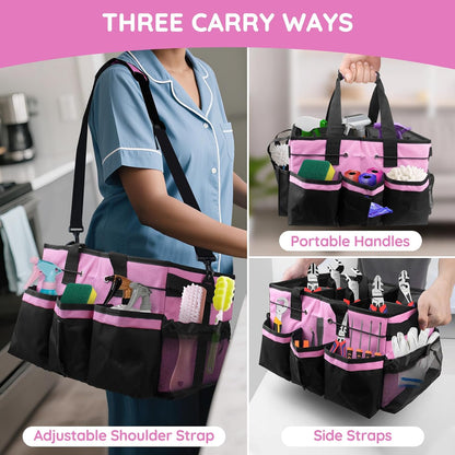 ZKOO Large Cleaning Caddy Bag with Handle, Built-in Sturdy Support Board, Adjustable Shoulder Strap, Multi-compartment Design Cleaning Supply Tote for Cleaners & Housekeepers (Pink)