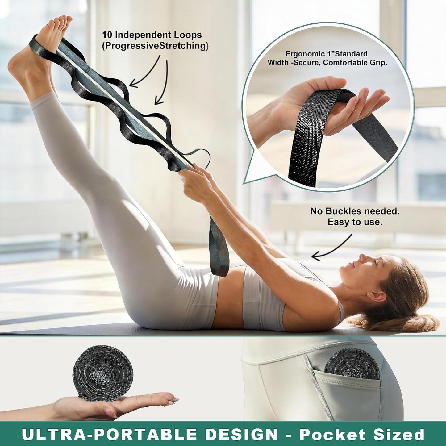 Acozycoo Stretching Strap with Loops for Leg Calf Back Physical Therapy | Non-Elastic Yoga Strap for Stretching,Stretch Band,Leg Lifter,Rehab,Knee,Hip,Pilates,Flexibility Training,Hamstring,Fascia