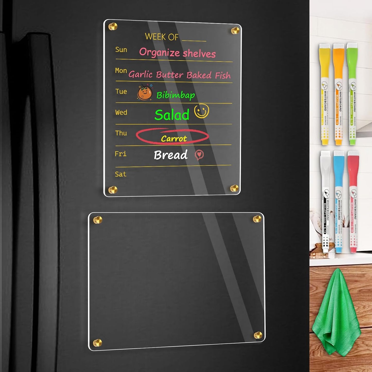 Acrylic Calendar for Fridge, Monthly Clear Acrylic Magnetic Dry Erase Board for Refrigerator, Set of 2 Stronger-Magnetic Reusable Fridge Planner, Includes 6 Liquid Chalk Markers