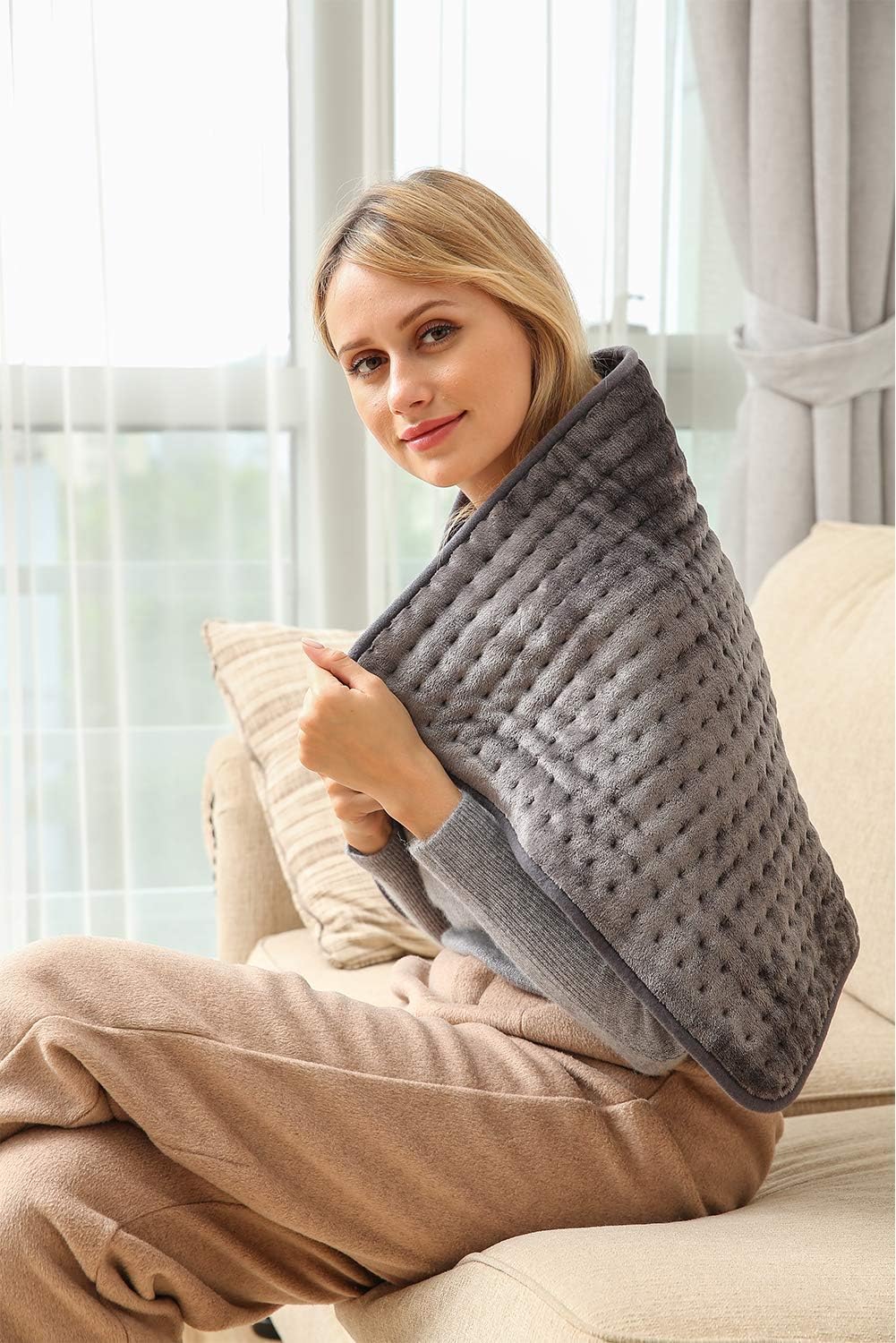 Ambershine 19''x24'' Weighted Neck & Shoulder Heating Pad, 2.5lbs with 12 Temperature Settings& 4 Auto-Off Timers, Pain Relief for Neck/Shoulder/Back(Gray&Blue)