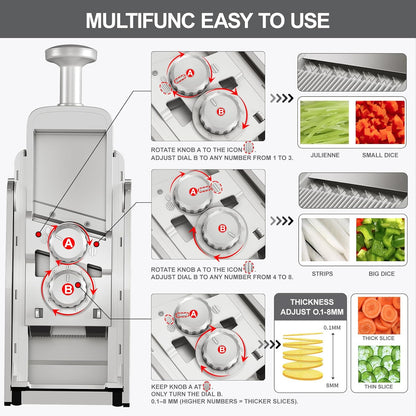 SupMaKin Safe Mandoline Slicer for Kitchen,Adjustable Potato Slicer 1-8 mm | 4 Modes Slice, Strips,Julienne Dicer,Vegetables Slicer Fry Food Cutter,Stainless Steel Blades, Foldable Dishwasher Safe,Gifts
