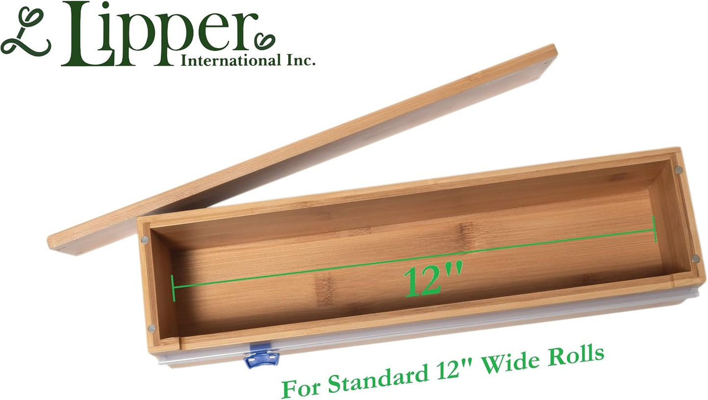 Lipper International Bamboo Wood Kitchen Wrap Dispenser with Cutter for Standard 12" Wide Rolls of Aluminum Foil, Plastic Wrap, or Wax Paper, 13 7/8" x 3 3/8" x 3 1/2"